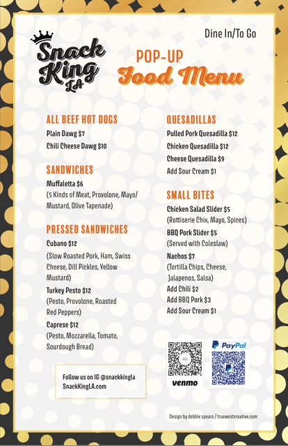 Snack King LA Pop-Up Food Menu