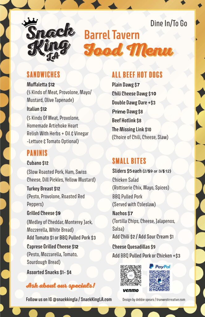 Snack King LA Pop-Up Food Menu for The Barrel Tavern